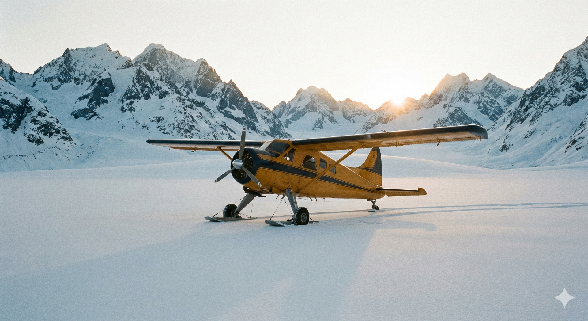 Bush plane on snow with Alaskan mountains